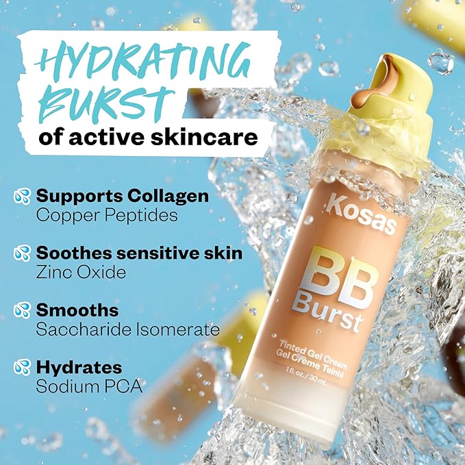 Kosas BB Burst Tinted Face Gel Cream - Supports Healthy Collagen, Smoothes Skin, Hydrates & Moisturizes - Lightweight Buildable Coverage - Light Medium Neutral 21, (1 Oz/30 ML)