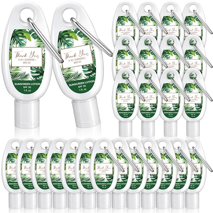 Leelosp 30 Pcs Mini Sunscreen with Carabiner Bulk Travel Size 1 Fl. oz. Spf 30 Mini Sunblock Lotion with Clip Thank You Gifts Party Favor for Guest Wedding Bridal Shower Bachelorette Summer Outdoor
