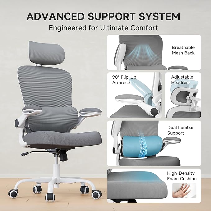 Ergonomic Office Chair, 330LBS Desk Chair with 3-Level Lumbar Support & Headrest, Breathable Mesh Backrest, Flip-Up Armrests for Home Office and Gaming, White and Gray