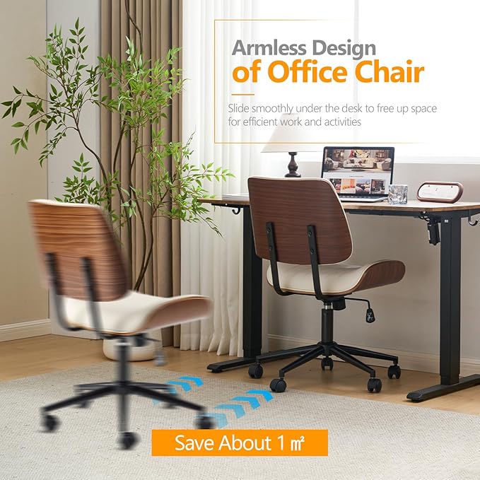 VINGLI Wide Curved Seat&Back Armless Home Office Chair,Ergoromic Adjustable-Height Desk Chair,Swivel&Tilting Function,Stylish Walnut Task Chair for Meeing Room,Dining Room,PU,Khaki