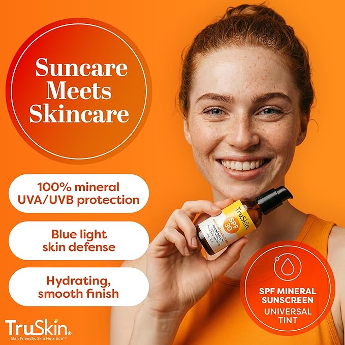 TruSkin Sunscreen Serum for Face - SPF 30 Universal Tinted Mineral Sunscreen Face Serum with Zinc Oxide - Sheer, Lightweight Finish with Vitamin C, Hyaluronic Acid, Ceramides & Niacinamide, 1 fl oz