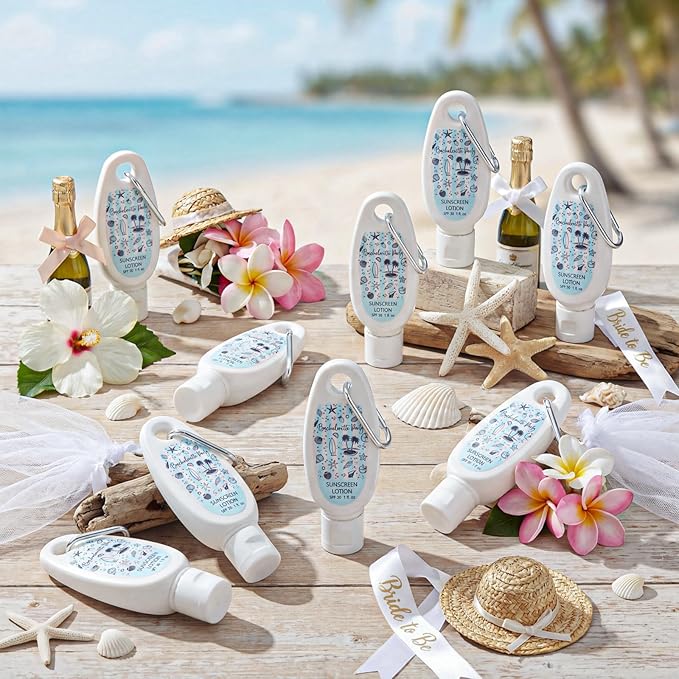 Leelosp 30 Pcs Mini Sunscreen with Carabiner Bulk Travel Size 1 Fl. oz. Spf 30 Water Resistant Mini Sunblock Lotion with Clip Last Toast on the Coast Bachelorette Party Favor Welcome Bags for Guest