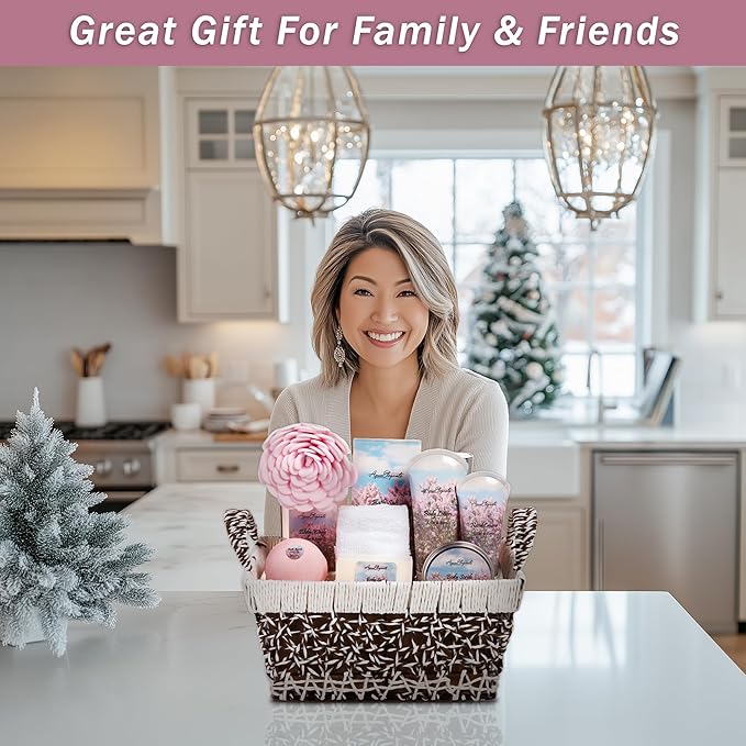 Spa Baskets For Women - Luxury Bath Set With Lilac & Rose Oil - Spa Kit Includes Wash, Bubble Bath, Lotion, Bath Salts, Body Scrub, Hand Cream, Shower Puff, Bathbombs, Soap and Towel
