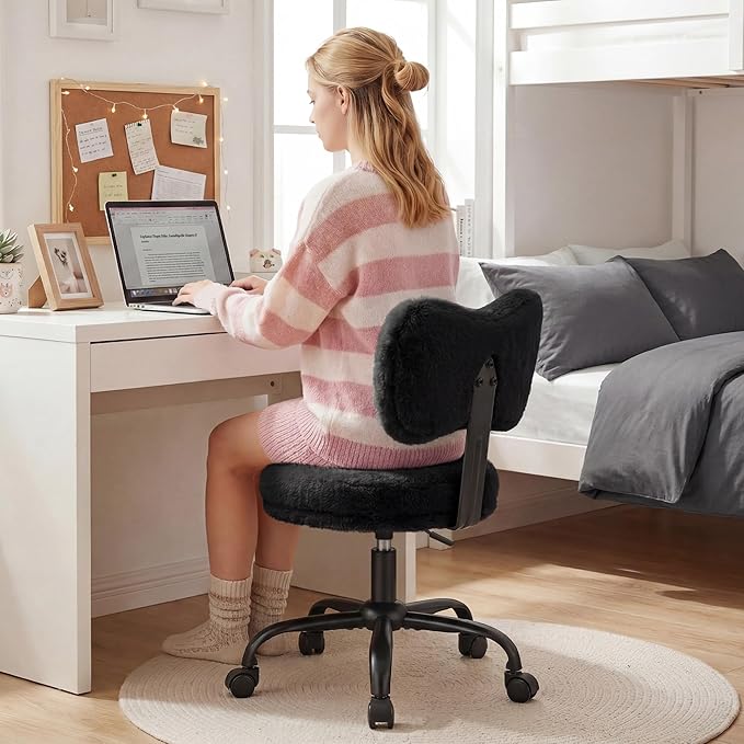 Vanity Chair with Wheels, Cute Desk Chair with Bow Backrest, Fluffy Faux Rabbit Fur Small Office Chair for Vanity, Make-up Room, Bedroom, Dorm, Height Adjustable, Black