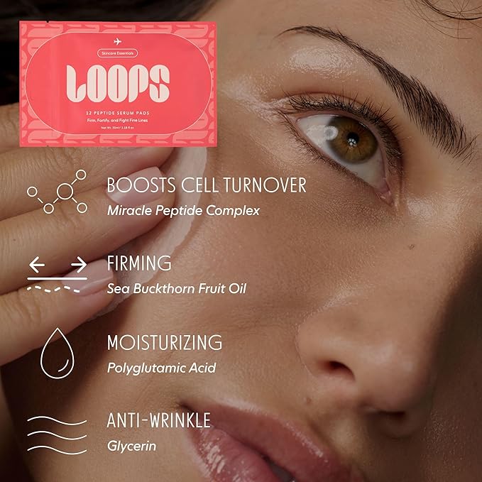 LOOPS Peptide Serum Korean Skincare - Firm, Fortify, Fight Fine Lines - Anti-Wrinkle & Moisturizing - Pre-soaked Veocell Embo Pad - Peptide Complex to Rejuvenate and Prejuvenate Face - Pack of 7