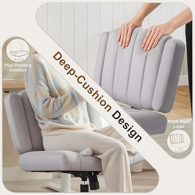 Criss Cross Chair with Wheels - Wide Seat Cross Legged Office Chair with Flip-up Arms - Comfy Swivel Rolling Desk Chair with Thick Cushion and Rocking Function for Home Office Vanity Bedroom
