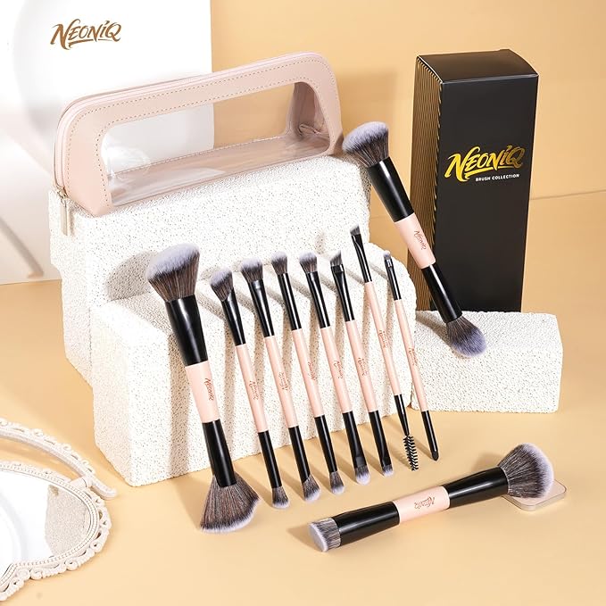10 PCS Travel Makeup Brush Set With Bag, Makeup Brushes, Double-End Multi-functional Brushes for Foundation Powder Blush Eyeliner Eyeshadows, Professional Face Brush Set（Pink）
