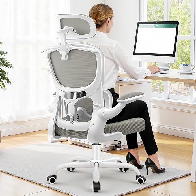 Ergonomic Office Chair, Mesh Desk Chair with Lumbar Support, High Back Home Office Chair with Adjustable Headrest and Flip-Up Arms, Comfortable Computer Chair, Thick Cushion, 300 LBS, LightGray