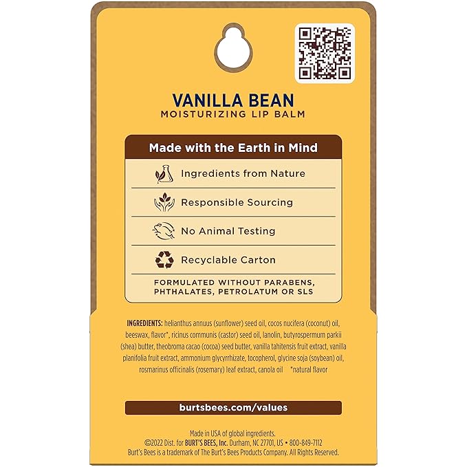 Burt's Bees Lip Balm - Vanilla Bean, Lip Moisturizer With Responsibly Sourced Beeswax, Tint-Free, Natural Origin Conditioning Treatment, 2 Tubes, 0.15 oz. (Pack of 2)