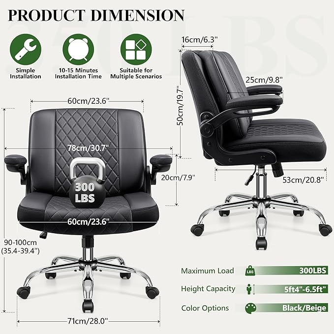 Criss Cross Office Chair with 2-in-1 Flip Backrest – Ergonomic PU Leather Floor Sitting Chair, Adjustable Height, 360° Swivel & Flip-Up Arms, Extra-Wide Seat for Home Office, Vanity, Nail Salon-Black