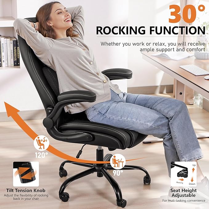 Office Chair, Ergonomic Computer Desk Chairs with Lumbar Support for Lower Back Pain Relief, Executive Leather Home Chair Comfy with Padded Flip-up Armrests, Black