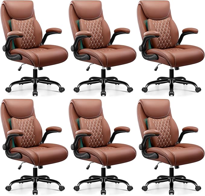 Office Chair,Ergonomic Office Chair with Lumbar Support for Lower Back Pain Relief, Executive Leather Chair with Padded Flip-up Arms, Wheels and Adjustable Armrests, Brown Pack of 6