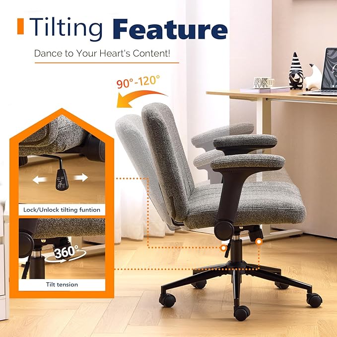 VINGLI Criss Cross Chair with Adjustable Flip-Up Arms,Cross Legged Chair with Wheels, Extra Wide Office Chair,Cozy Desk Chair for Home Office, Vanity, Apartment,Chenille Velvet,Grey