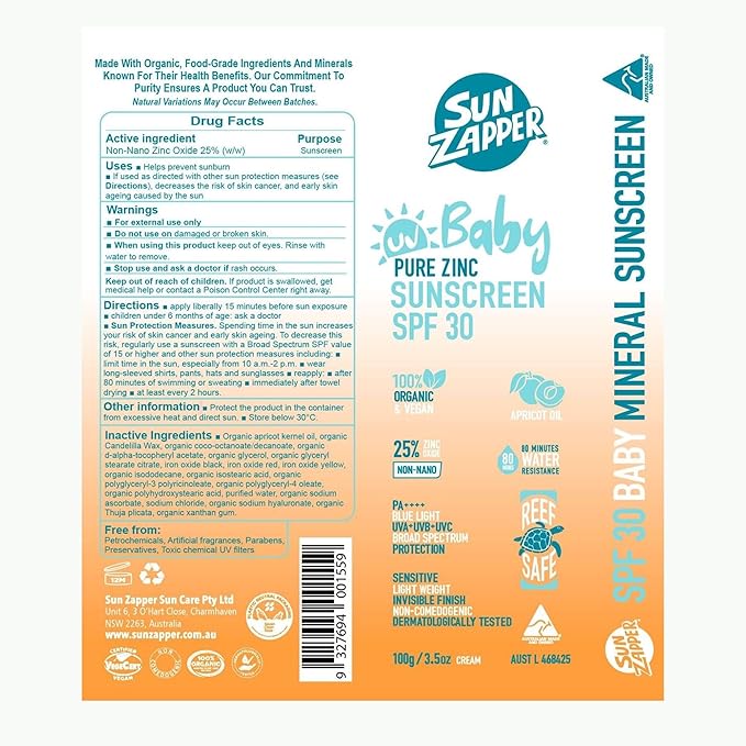 Sun Zapper Baby Pure Zinc Sunscreen SPF 30 – Mineral Sunscreen for Babies and Sensitive Skin with Organic Ingredients, 25% Non-Nano Zinc Oxide, Fragrance Free, Reef Safe, Vegan, 100g (3.5 oz) Pump