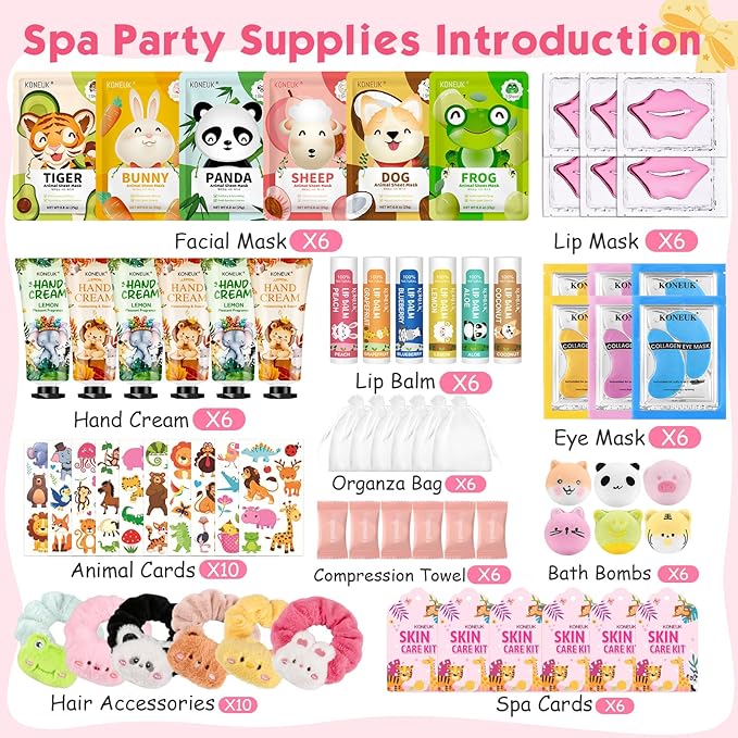 70PCS Animal Spa Party Supplies for Girls, Spa Party Favors Kit Include Girls Face Mask, Lip and Eye Mask Set, Lip Balm, Hand Cream and Foot Bath Bombs, Spa Birthday and Sleepover Party Supplies Gifts