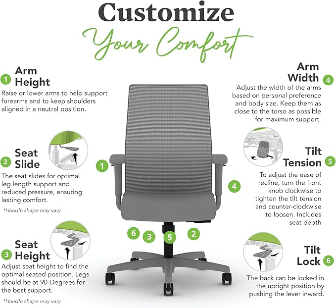 HON Ignition 2.0 Mid Back Task Chair, Standard Synchro-Tilt Control, Office Chair with Lumbar Support, Height and Width Adjustable Arms, Titanium Frame, Frost