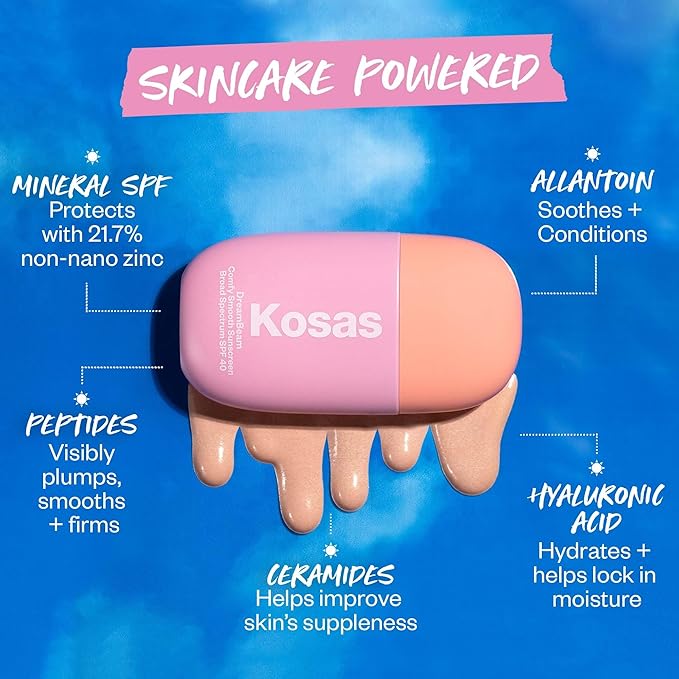 Kosas DreamBeam SPF 40 Mineral Sunscreen for Face + Makeup Prep – Lightweight Hydrating Sun Protection, 40 ml
