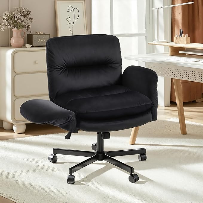 Bestier Criss Cross Office Chair with Flip-Up Armrests, Swivel Makeup Vanity Chair with Wheels & Side Pockets, Cross Legged Office Chair for Home Office, Bedroom, Black Velvet