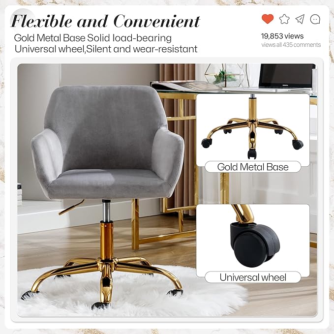 Faux Fur 360°Swivel Desk Chair, Modern Height Adjustable Home Office Armchair with Golden Base for Teens Women Girls, Upholstery Computer Chair for Home Studios, Velvet & Light Grey