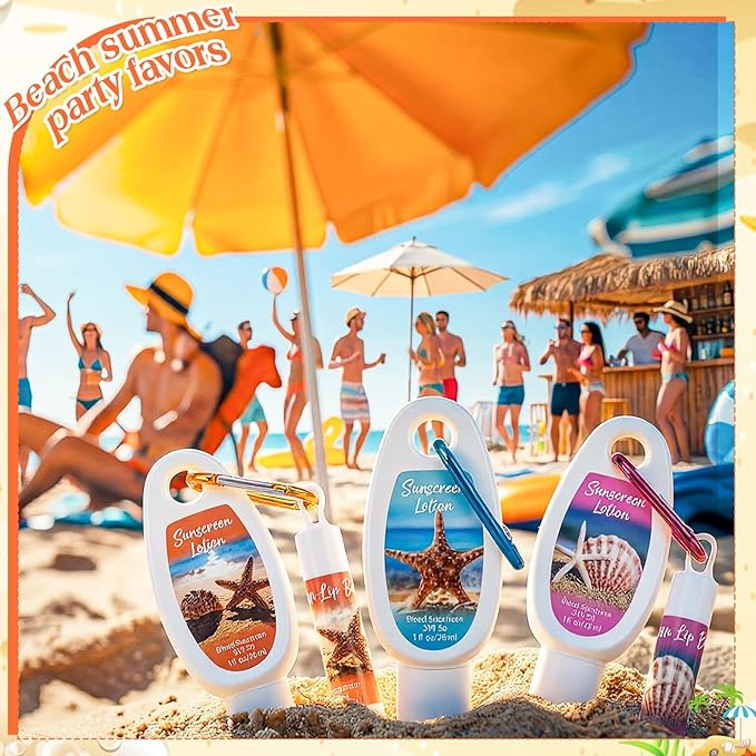 Demissle 24 Sets Mini Sunscreen and Sunscreen Lip Balms Bulk Spf 30 Travel Size with Carabiner Clip-on Lip Balms Packets for Summer Wedding Bridal Baby Shower Party Favors Gifts(Beach)