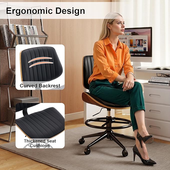 Drafting Chair, Ergonomic Office Chair with Walnut Wood Back Support, Armless PU Leather Desk Chair with Height-Adjustable, Thick Cushion for Home, Bar, Drafting, Office (Black)