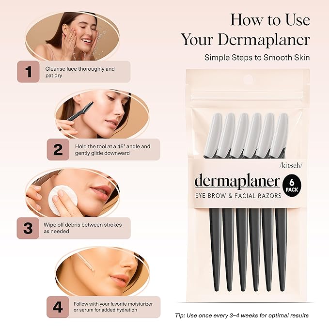 Kitsch Dermaplane Razor for Women Face – Face Razors for Women & Men, Eye Brow Razors & Face Shaver – Exfoliating Facial Razor & Dermaplaner as Skin Care Tool for Smoother Skin - Black, 6 pcs