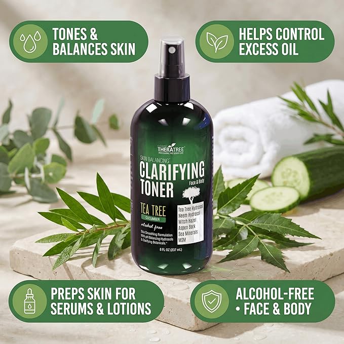 TheraTree Clarifying Toner Spray with Tea Tree Oil, Neem & Witch Hazel by Oleavine - 8oz - Alcohol Free Face & Body Toner - Helps with Oily Skin, Pore Size & Hydration