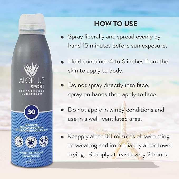 Aloe Up Sport Spray Sunscreen SPF 30 – Broad Spectrum Sunblock with Hydrating Aloe Vera Gel – Fast Absorbing, No White Cast, Reef Friendly, Water Resistant up to 80 Minutes, Fragrance Free – 6 Oz