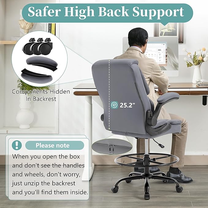 Ergonomic Drafting Chair, Tall Office Chair for Standing Desk, High Back Standing Desk Chair with Flip-Up Armrest, Adjustable Height&Foot Ring, Executive PU Leather Extended Height Office Chairs,Grey