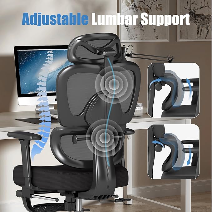Ergonomic Office Chair with Footrest – Adjustable Lumbar Support, 3D Armrests & Headrest, Wide-Seat High-Back Mesh Computer Chair with Casters, Suitable for Home & Office, Black