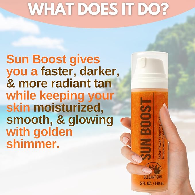 Sun Boost Dark Tanning Accelerator Gel with Gold Mineral Shimmer Dust for Indoor Tanning Bed or Outdoor Solar Use, Aloe Based Hydrating Viral Formula, 5 fl oz