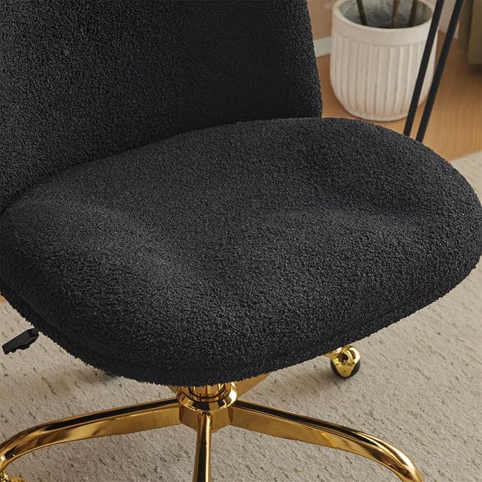 VINGLI Wide Criss Cross Legged Office Chair,Buttprint Ergonomic Desk Chair Comfy with Pillow&Gold Base,Dual-Use with/no Wheels,Adjustable Vanity Swivel Chair for Bedroom,Home Office,Teddy Fleece,Black