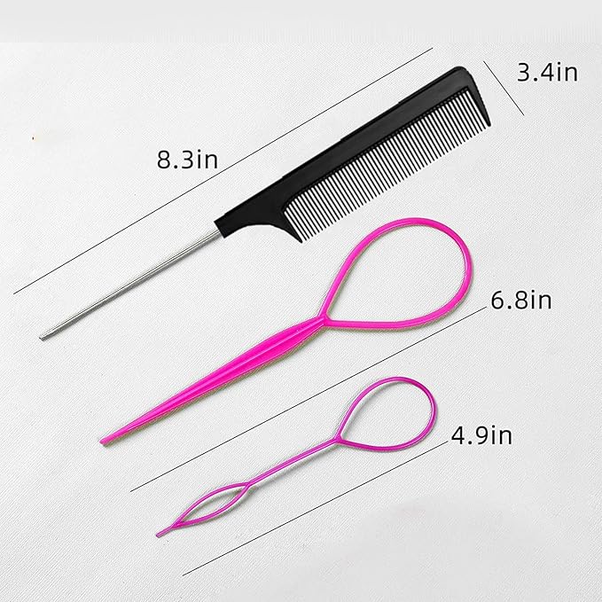 Topsy Tail Hair Tools,6Pcs Hair Loop Styling Tool Set with 2Pcs Metal Pin Rat Tail Comb (black) 4Pcs French Braid Tool Loop (Pink, purple)for Woman,Girls Hair Styling,100pcs Hair Elastic Rubber Bands