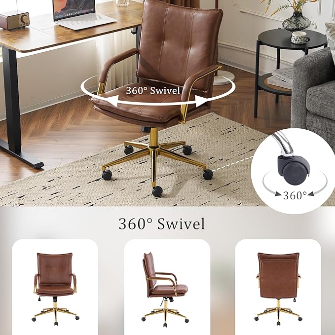 MOJAY Office Chair, Leather Desk Chair, Brown Desk Chair, Mid Century Modern Office Chair, Swivel Comfy Upholstered Wide Seat Chair with Gold Legs and Armrests for Home, Office (Brown&Golden)