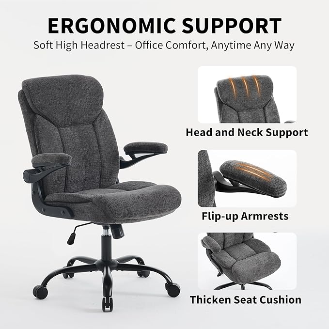 Home Office Ergonomic Desk Chair - Comfy Leather Executive Chair with Flip-Up Armrests, Lumbar Support, 360° Swivel & Rocking (Grey)
