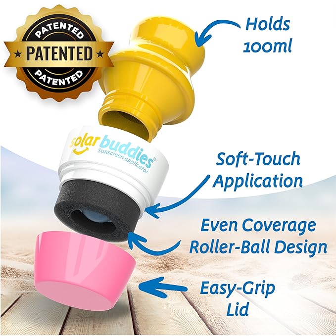 Solar Buddies Sunscreen Applicator - Single Pink - Refillable Roll on Sponge Sunscreen, Suncream & Lotion Applicator For Kids, Adults & Families - Holds 3.4fl oz, Perfect Size for Travel