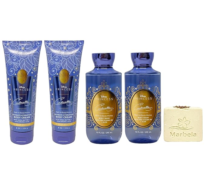 Bath & Body Works Limited Edition Princess Collection Cinderella 4 Piece Value Pack - 2 Body Creams and 2 Body Washes - with a Creamy Rose Bar Soap - Full Size