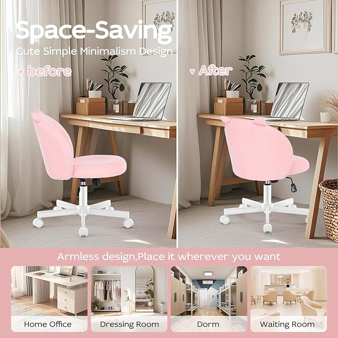 Vanity Chair with Cat Back,Armless Desk Chair Cute Small Office Chair,Teddy Fabric Computer Chair with Adjustable Height,120°Tilting,Rolling,Swivel for Vanity,Kids Room,Office,Bedroom Pink