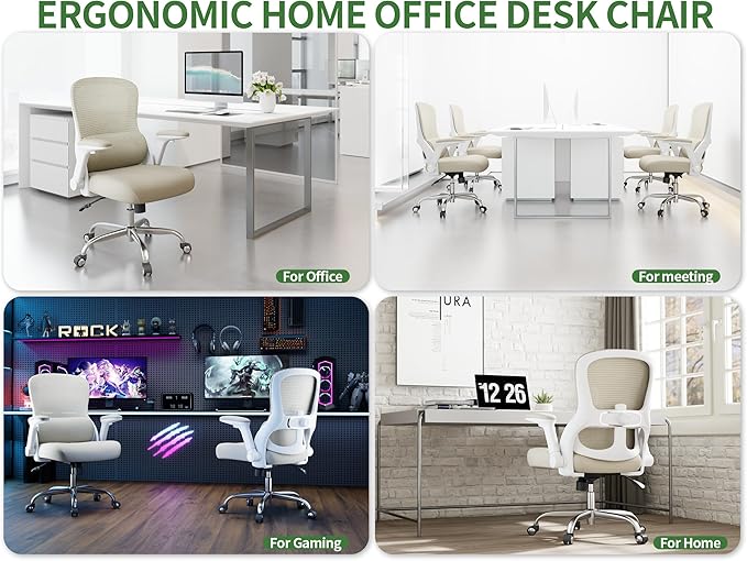 Ergonomic Office Chair - Home Office Desk Chairs Comfy, Computer Chair Ergonomic, Office Chairs with Lumbar Support, Executive Task Chair for Adults, Comfortable for Long Hours (White Beige)