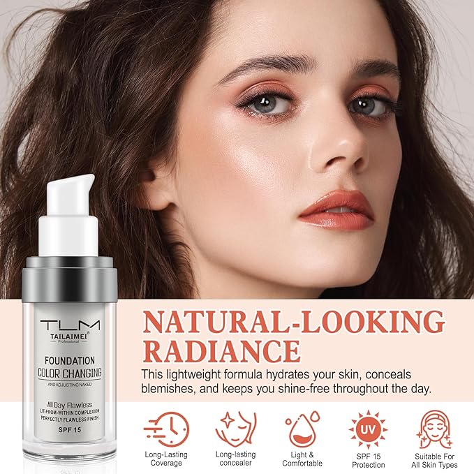 Color Changing Foundation Liquid Base, 2 PACK Flawless Colour Changing Warm Skin Tone Foundation Makeup,BB Cream Makeup Base Concealer Cover Moisturizing Fluid for all Skin Tone SPF15