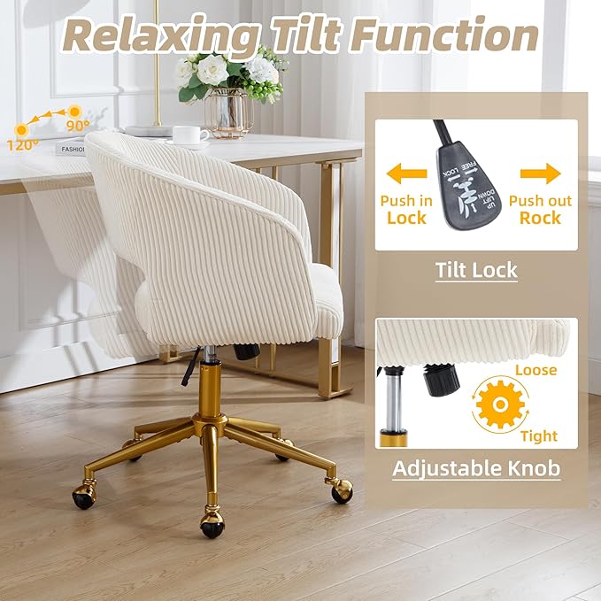 ABET Desk Chair with Wheels, Corduroy Home Office Chair, Swivel Armchair Gold Base, Upholstered Modern Accent Chairs, Back Incline Adjustable for Living Room Bedroom Vanity, Beige