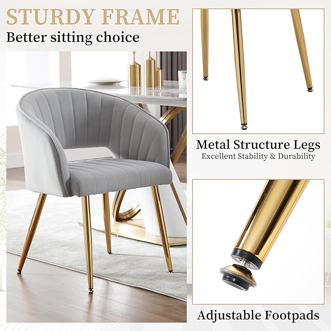 Westice Velvet Home Office Desk Chair Set of 1, Modern Tufted Vanity Chairs with Gold Metal Legs, Upholstered Accent Armchair for Living Room Restaurant, Light Grey