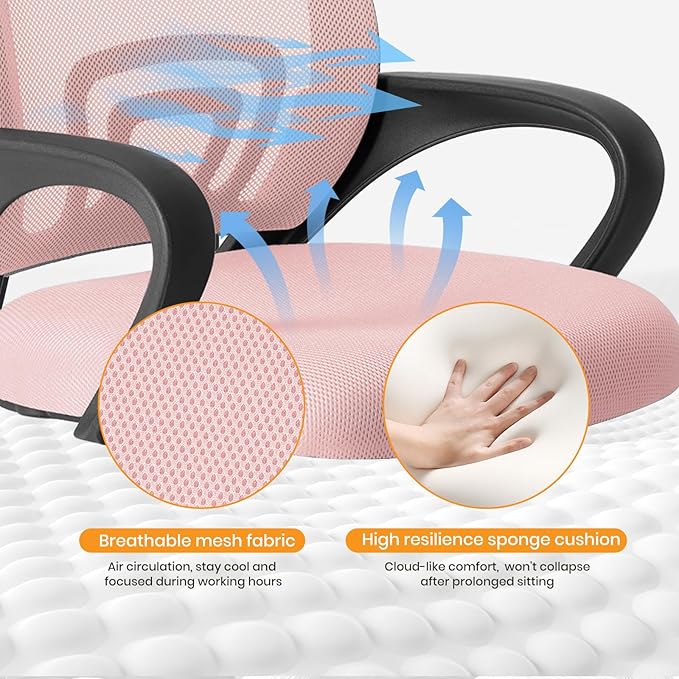 NEWBULIG Computer Desk Office Chair, Ergonomic Mid-Back Swivel Rolling Chair with Breathable Backrest and Lumbar Support Wheels, Pink Chair for Desk Home Height Adjustable, 2 Pack