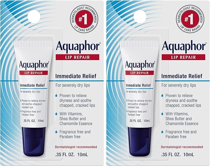 Aquaphor Lip Repair Ointment - Long-lasting Moisture to Soothe Dry Chapped Lips - .35 fl. oz. Tube,(Pack of 2)