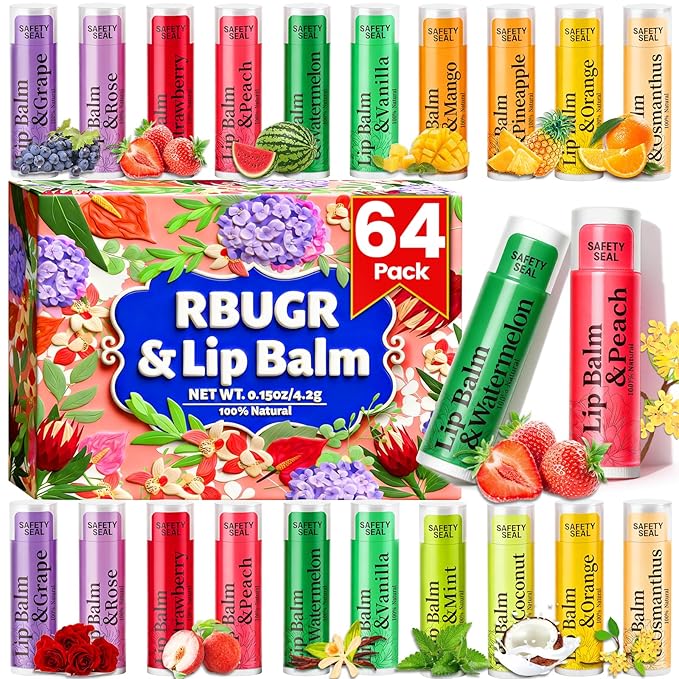 64 Pack Lip Balm - 12 Flavored with Coconut Oil Organic Natural Moisturizing Lip Balms for Dry Cracked Lips, Bulk Set Hydrating for Valentines Gifts (4.2g/0.15oz)
