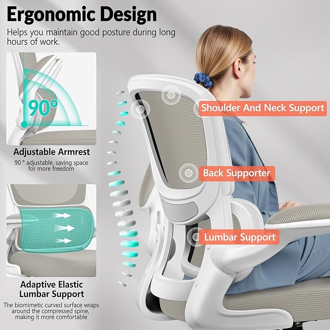 Office Chair Ergonomic Desk Chair, Breathable Mesh Comfy Chair with Lumbar Support, Home Desk Chair with Flip-up Armrests, Gaming Chair for Adults Home Office (LightGray,2Pack)