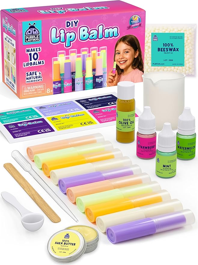 PURPLE LADYBUG DIY Lip Balm Making Kit - Easter Gifts for Kids Idea for 8-12 Tweens & Teens, Birthday Gifts for 9 10 Year Old Girls - Fun 10 Year Old Girl Gifts, Make Your Own Lip Balm with 3 Flavors