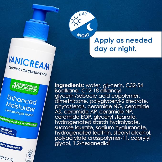 Vanicream Enhanced Moisturizer, 12 fl oz, Formulated without Common Irritants, Body Moisturizer, All-Day Hydration with Hyaluronic Acid, Glycerin & Ceramides for Sensitive Skin