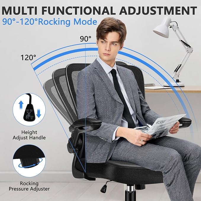 Desk Chairs with Wheels, Ergonomic Mesh Office Chair Adjustable Height and Swivel Lumbar Support Home Office Chair with Flip Up Armrests, Set of 16