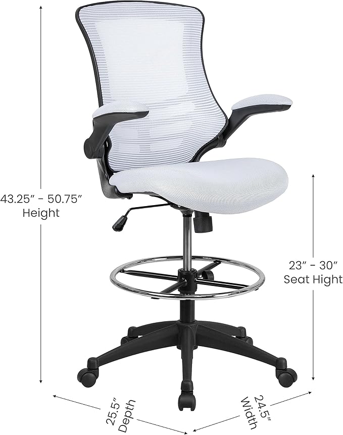 Flash Furniture Kelista Mid-Back White Mesh Ergonomic Drafting Chair | Adjustable Foot Ring, Flip-Up Arms | Comfort and Productivity